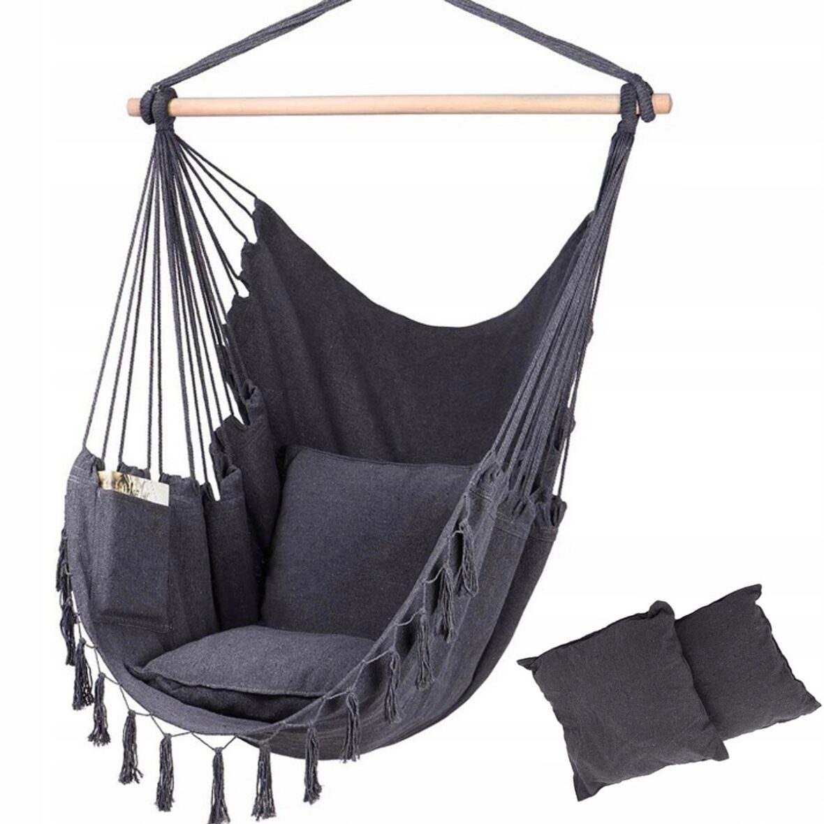 Підвісне крісло, бразильський гамак Hanert BOHO Black + 2 подушки - Фото 1